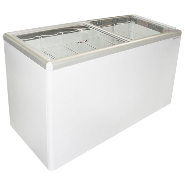 A white Excellence glass top display freezer with flat lids.