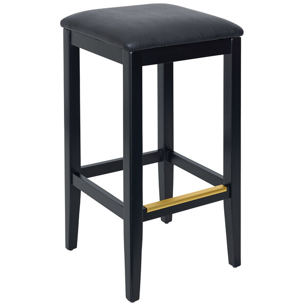 A black BFM Seating barstool with a black cushion.