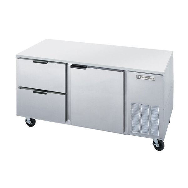 A white Beverage-Air undercounter refrigerator with drawers on wheels.