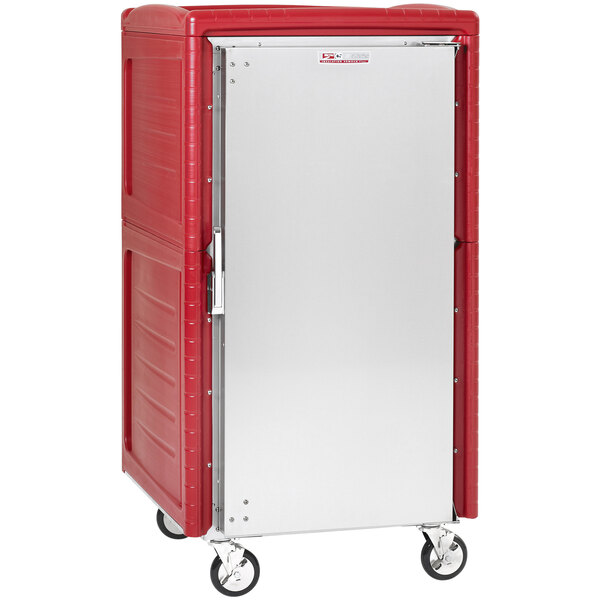 A red and silver Metro C5 insulated transport cabinet with white door.