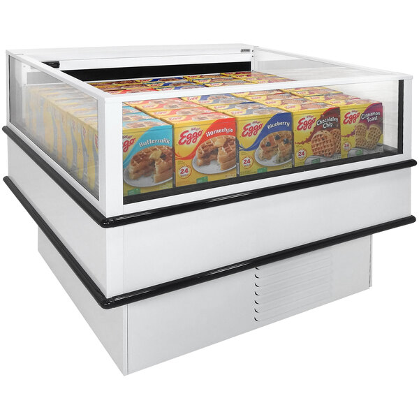 A Structural Concepts mobile island air curtain merchandiser with a display case full of food.