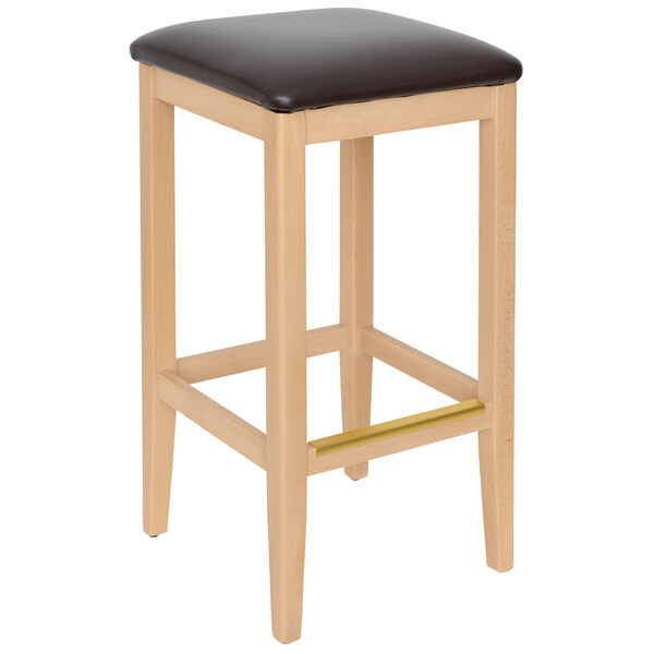 A BFM Seating wooden bar stool with a dark brown vinyl seat.