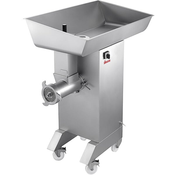 A Sirman stainless steel electric meat grinder with wheels.