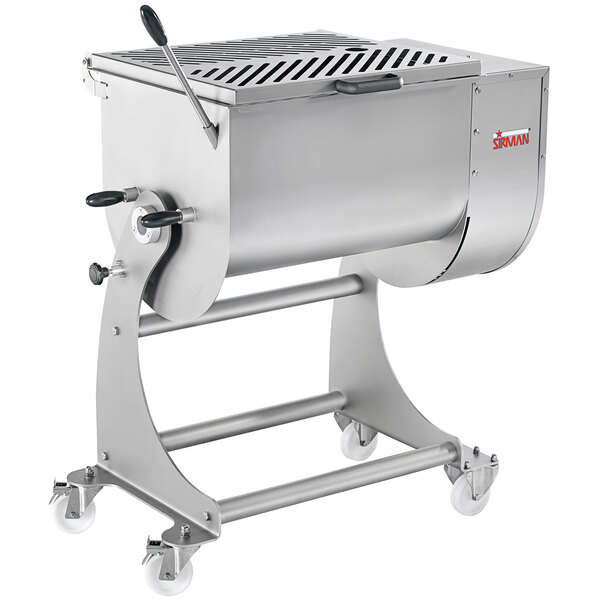 A stainless steel Sirman Electric Meat Mixer on wheels.