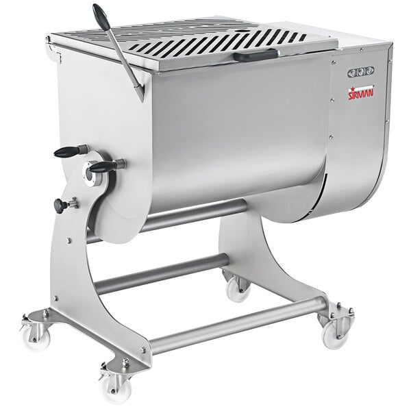 A Sirman stainless steel electric meat mixer on wheels.