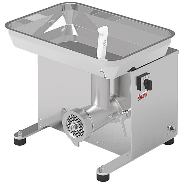 A Sirman Colorado electric meat grinder with a metal container.
