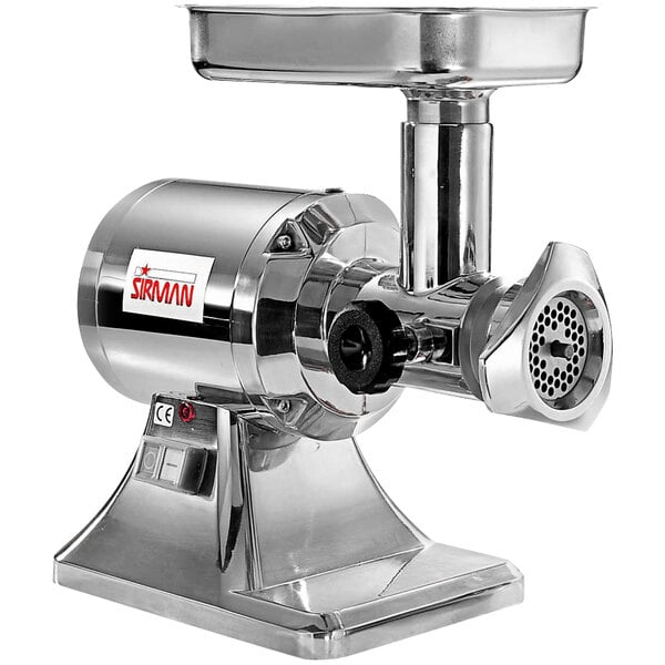 A silver Sirman electric meat grinder with a bowl.