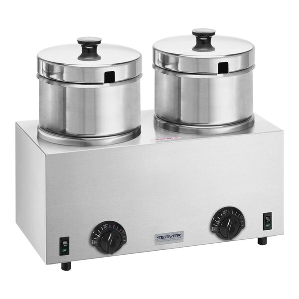 A silver Server countertop soup warmer with two hinged lids on top of two stainless steel pots.