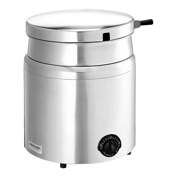 A Server stainless steel countertop soup warmer with a hinged lid and black handle.