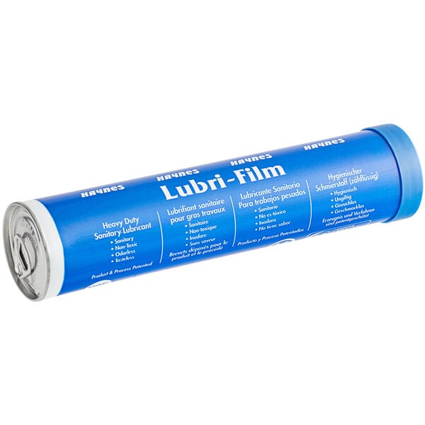 A blue tube of Haynes Lubri-Film with white text.