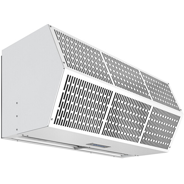 A white rectangular Berner air curtain with a metal grill.