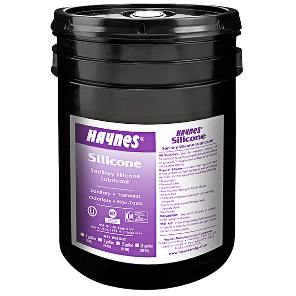 A black bucket of Haynes 105 5 Gallon Sanitary Silicone Lubricant with a white label.