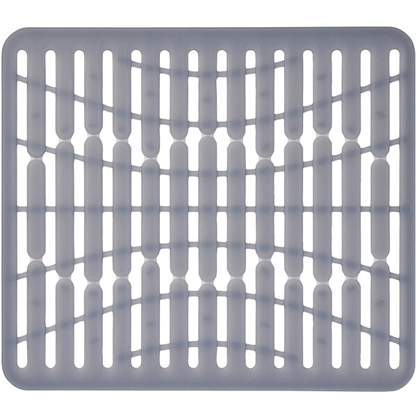 A white plastic OXO Good Grips sink mat with rows of holes.