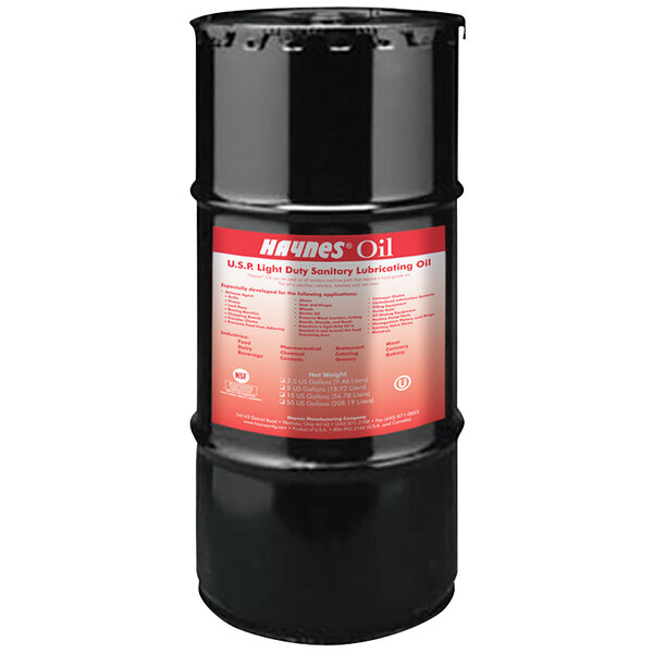 A black container of Haynes 42 15 Gallon Light-Duty Sanitary Oil with a red label.