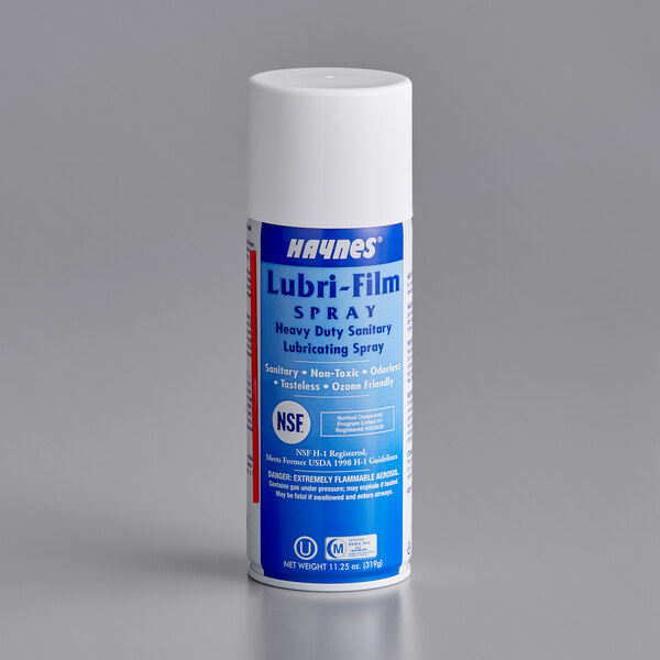A blue and white can of Haynes Lubri-Film Heavy-Duty Lubricating Grease Spray.