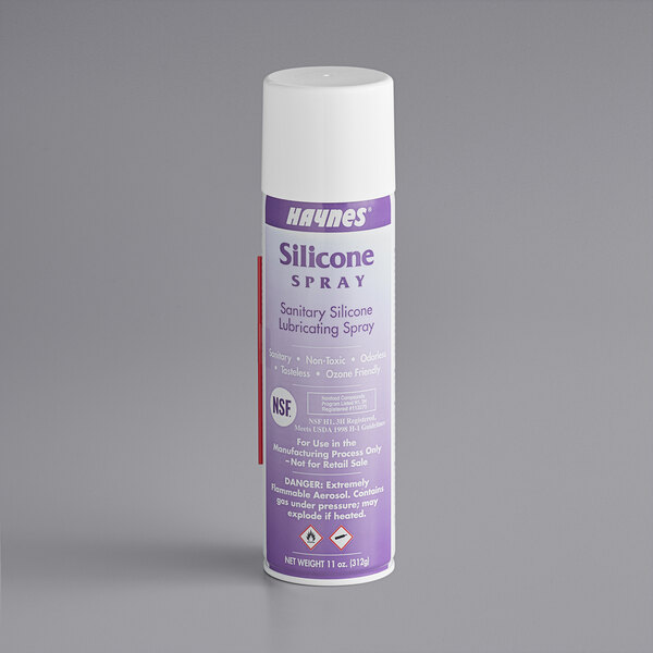 A purple and white can of Haynes Sanitary Silicone Lubricant Spray.