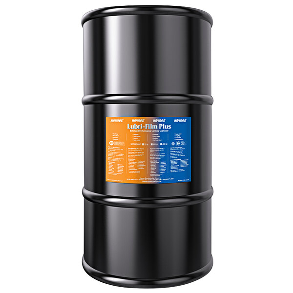 A black barrel of Haynes 58 Lubri-Film Plus with blue and orange labels.