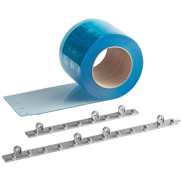 A Clearway strip curtain kit with blue plastic strips and metal hardware.