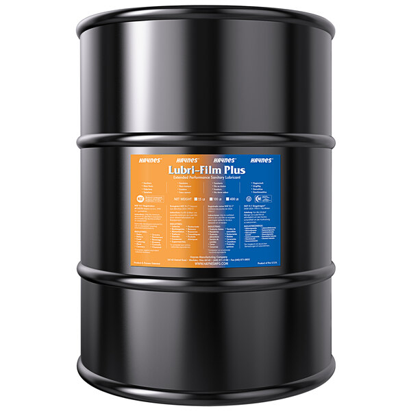 A black barrel with a blue and orange label for Haynes 79 Lubri-Film Plus.