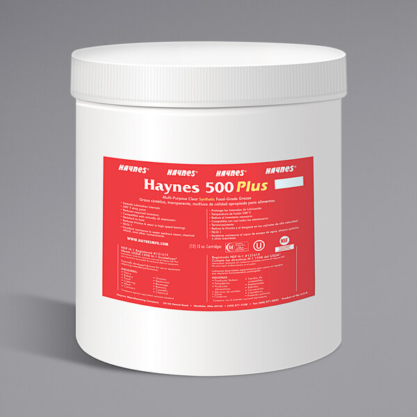 A white container of Haynes 500 Plus synthetic food-grade lubricating grease with a red label.