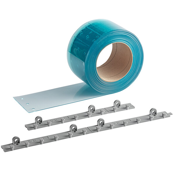 A roll of blue plastic tape and a pair of grey plastic pieces.