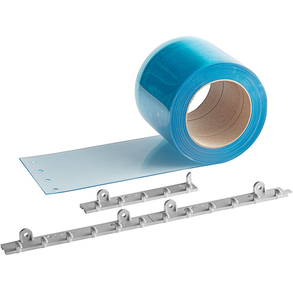 A roll of plastic tape with a metal bar and a roll of blue plastic.