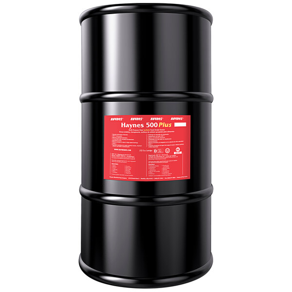 A black barrel of Haynes 71 500 Plus Synthetic Food-Grade Lubricating Grease with a red label.