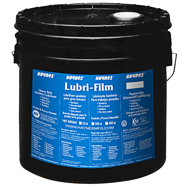 A black bucket of Haynes Lubri-Film with a blue label and white text.