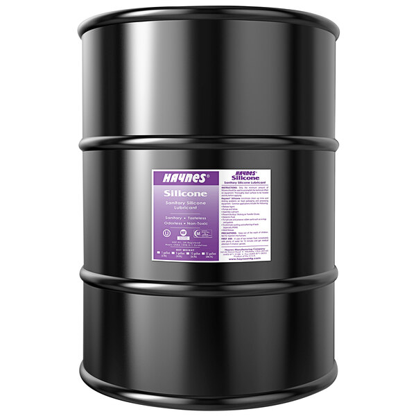 A black barrel of Haynes 1003 synthetic silicone grease with a purple label.