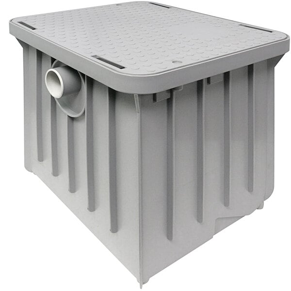 A gray plastic container with a drain.