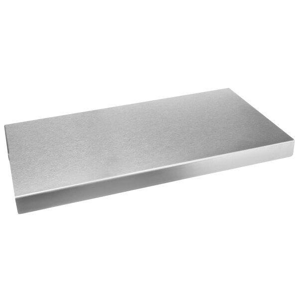 A silver rectangular stainless steel shelf.