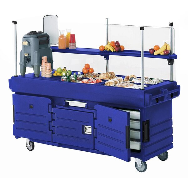 A blue Cambro CamKiosk vending cart with food on it.