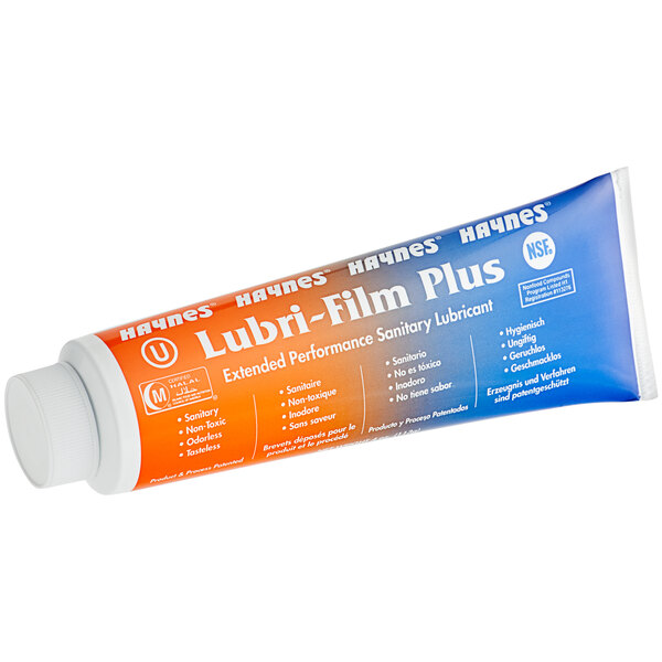 A tube of Haynes Lubri-Film Plus extended-wear lubricating grease with white and blue packaging.