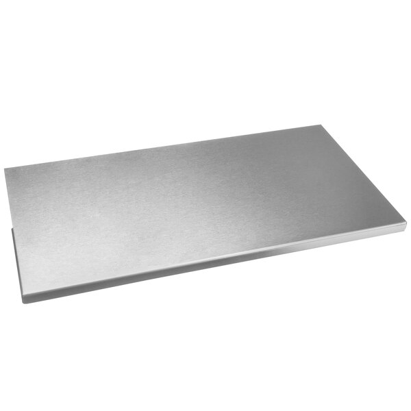 A silver rectangular work shelf for a Pitco fryer.