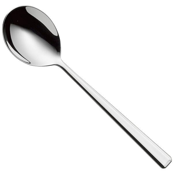 A WMF BauscherHepp stainless steel soup spoon with a silver handle.