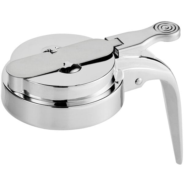 A Tablecraft chrome plated syrup dispenser top with a handle.
