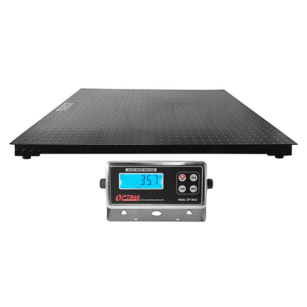 An Optima Weighing Systems heavy-duty digital floor scale with a display.