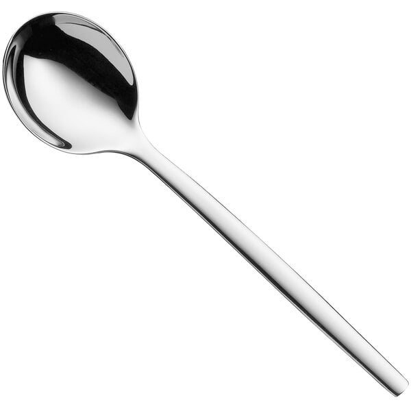 A WMF stainless steel round bowl soup spoon with a long handle.