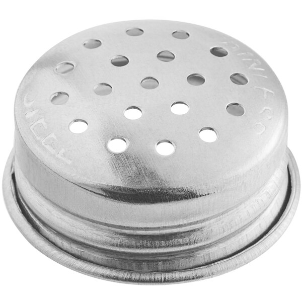 A silver metal Tablecraft salt and pepper shaker with flat top and holes.