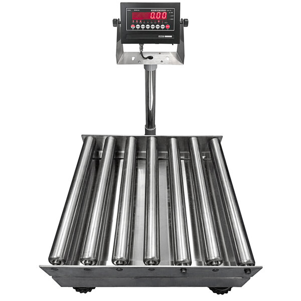 An Optima Legal for Trade bench scale with a roller top platform and digital display.