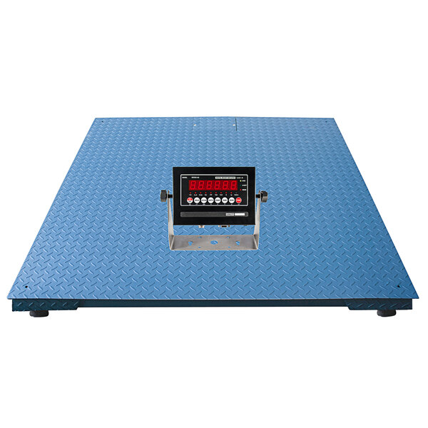 A blue Optima Weighing Systems floor scale with a black electronic device with red numbers.