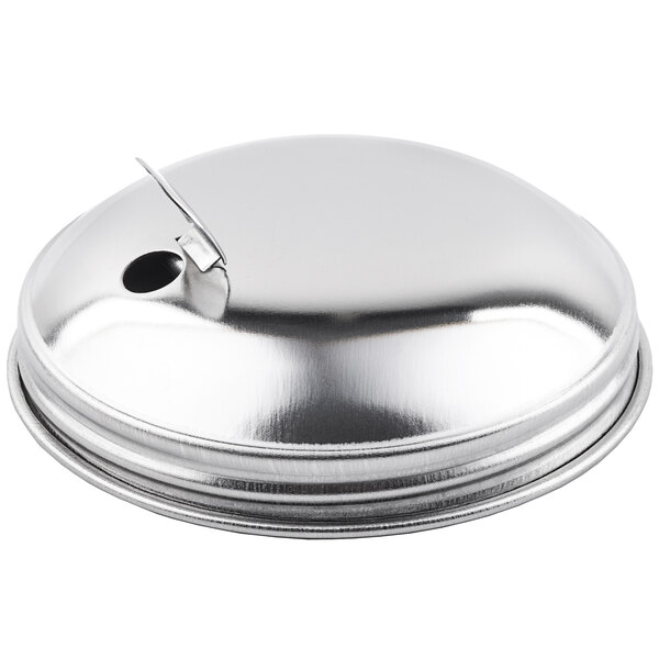 A Tablecraft stainless steel side flap shaker top with a silver round lid and metal handle on the side.