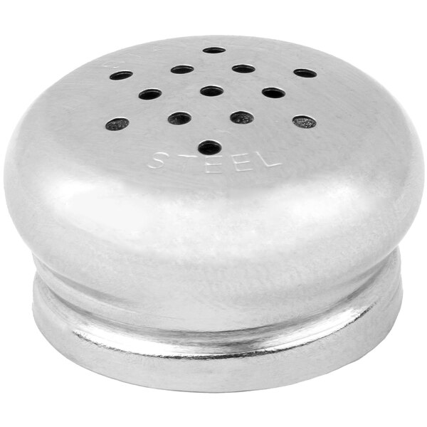A silver stainless steel Tablecraft salt shaker with mushroom top and holes.