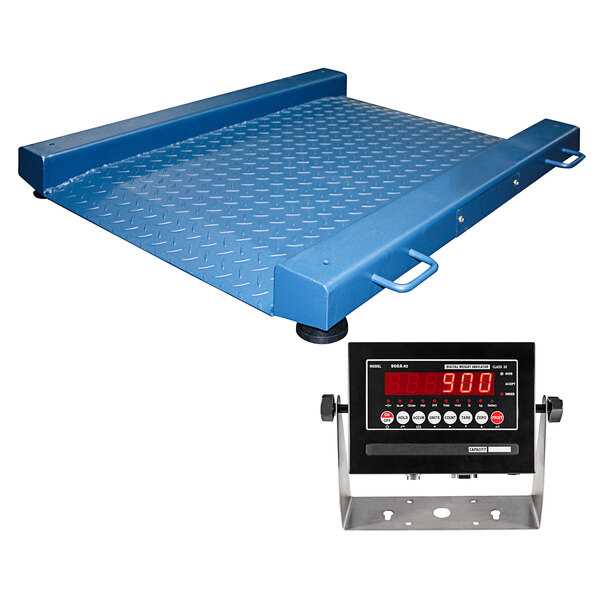 A blue metal scale with a digital display on a blue metal platform.