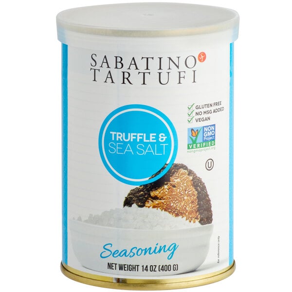 A can of Sabatino Tartufi Truffle Sea Salt with a close-up of the label.