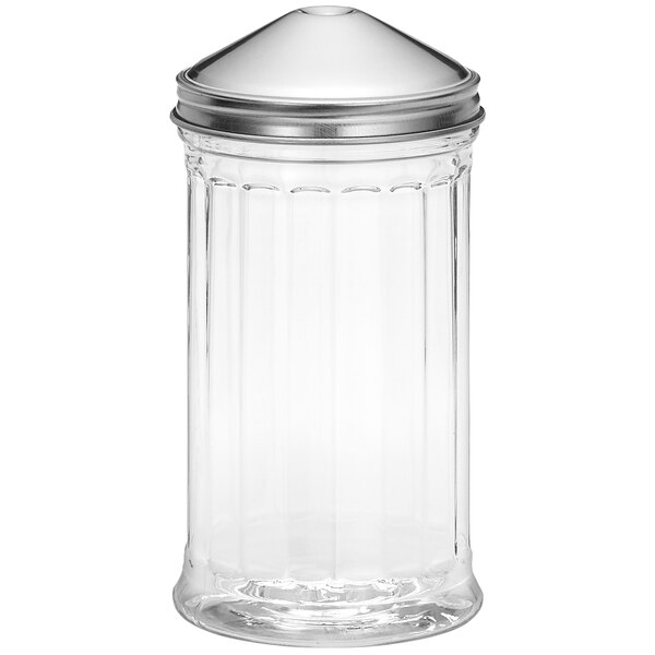 A clear glass jar with a stainless steel center pour top.