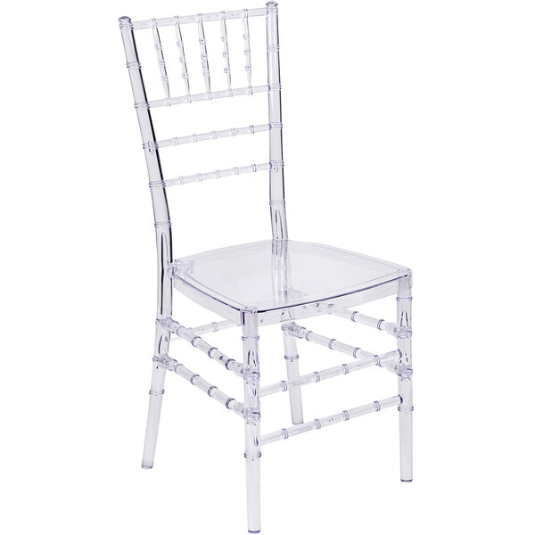 A Flash Furniture clear plastic chiavari chair.