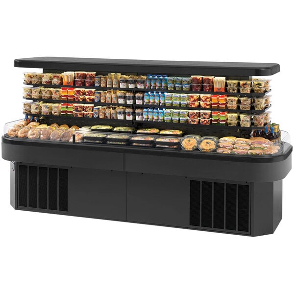 A Federal Industries Elements refrigerated self-serve island air curtain merchandiser with food on display.