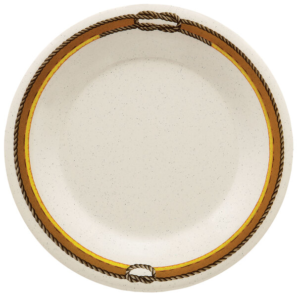 A white melamine plate with a wide rim featuring a rodeo rope design in yellow and brown.