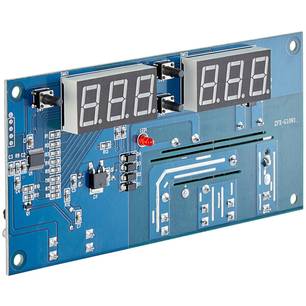 A blue circuit board with a digital display of numbers.